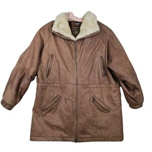 Adventure Bound Brown Leather Faux Fur Lined Zip Up Heavy Coat Jacket Mens Large